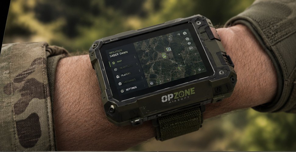 OpZone OpsPad tactical wrist unit worn on a forearm, showing the live map
